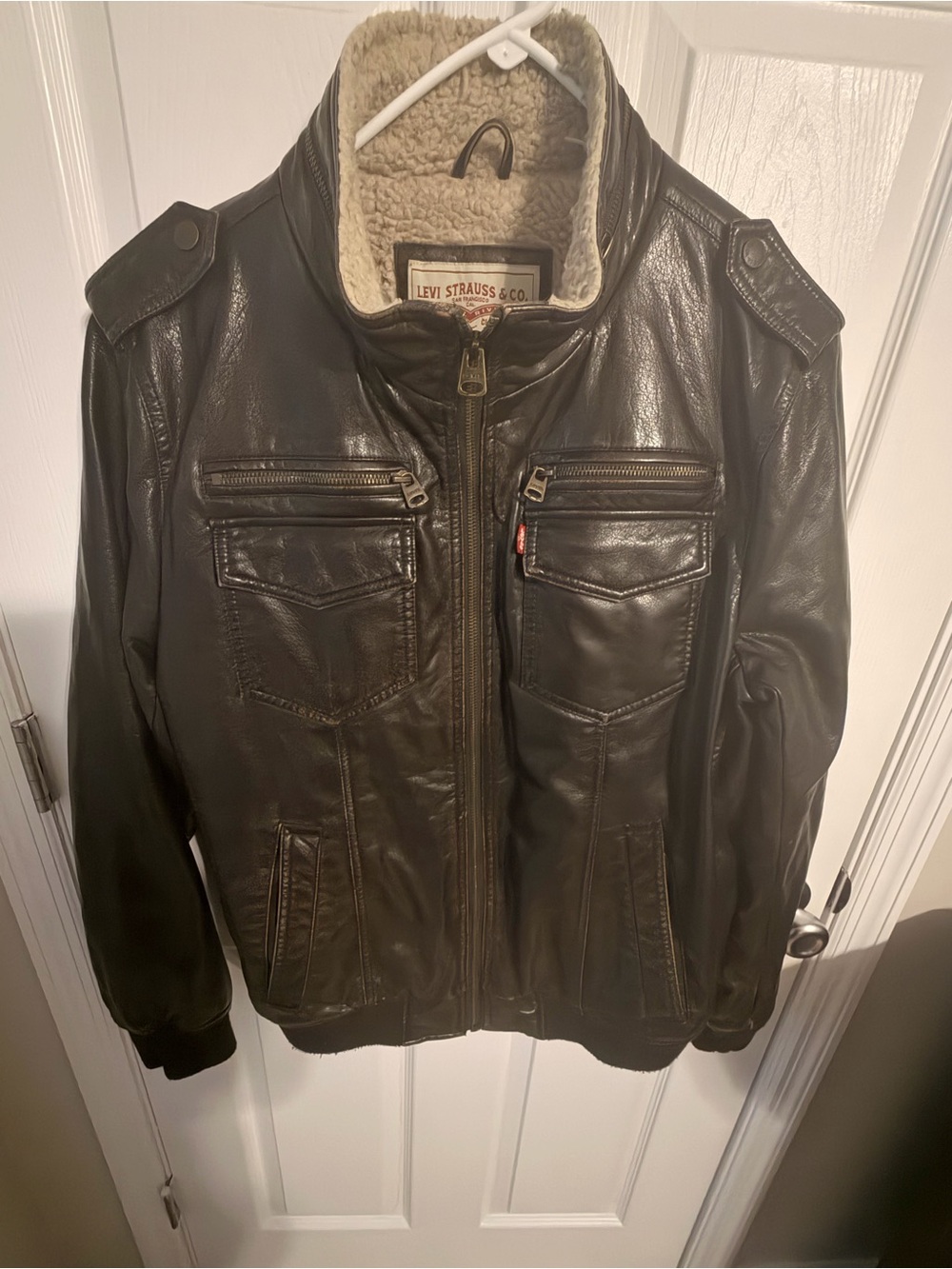 Levi's Black Leather Bomber Jacket with Cream Sherpa Lining